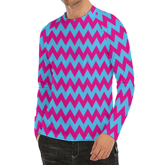 Pink And Blue Chevron Pattern Print Men's Long Sleeve Rash Guard