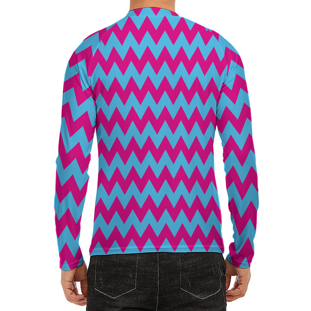 Pink And Blue Chevron Pattern Print Men's Long Sleeve Rash Guard