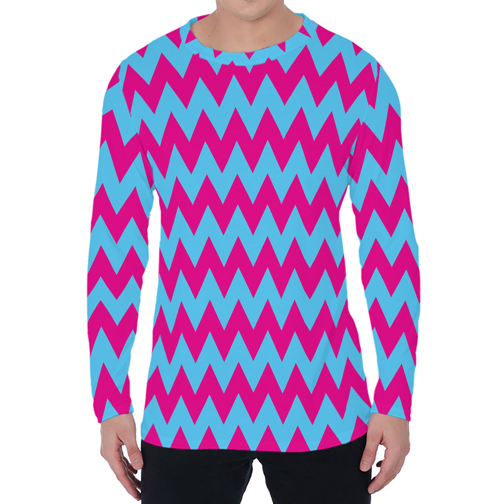 Pink And Blue Chevron Pattern Print Men's Long Sleeve T-Shirt