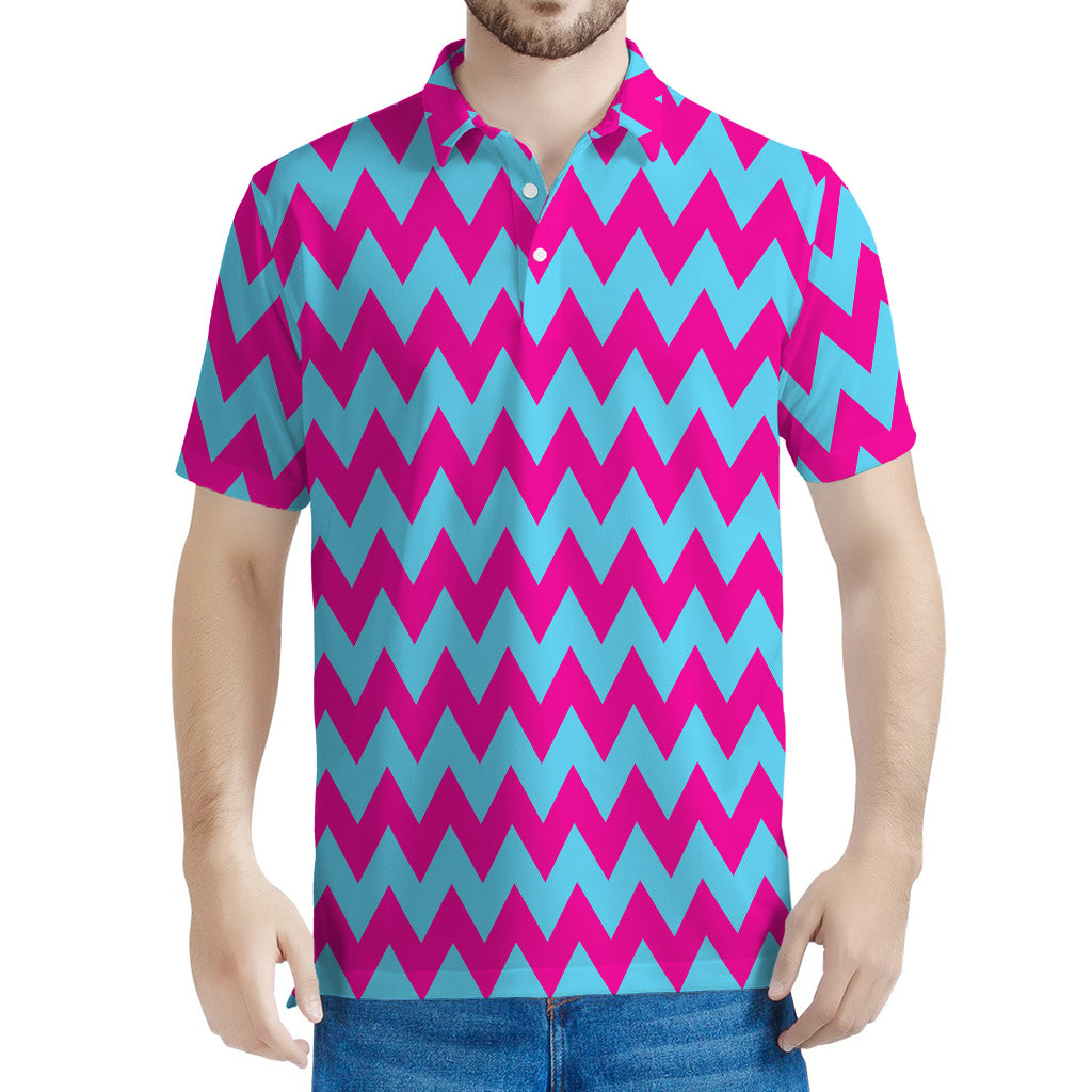 Pink And Blue Chevron Pattern Print Men's Polo Shirt