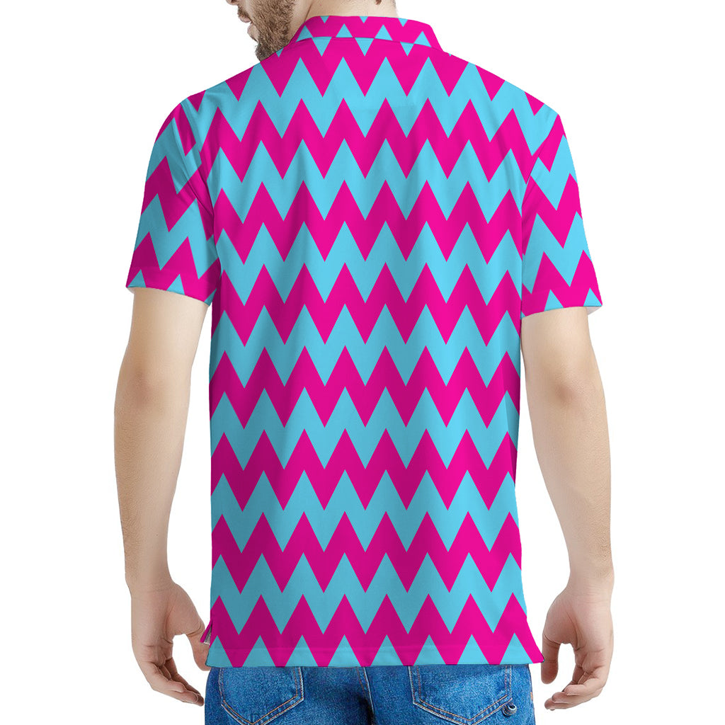Pink And Blue Chevron Pattern Print Men's Polo Shirt