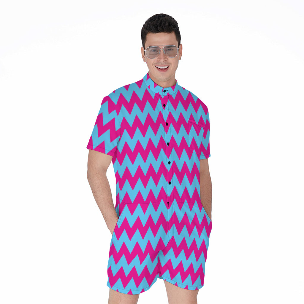 Pink And Blue Chevron Pattern Print Men's Rompers