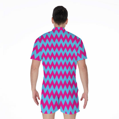 Pink And Blue Chevron Pattern Print Men's Rompers