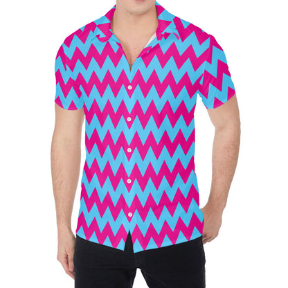 Pink And Blue Chevron Pattern Print Men's Shirt