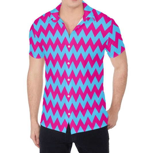 Pink And Blue Chevron Pattern Print Men's Shirt