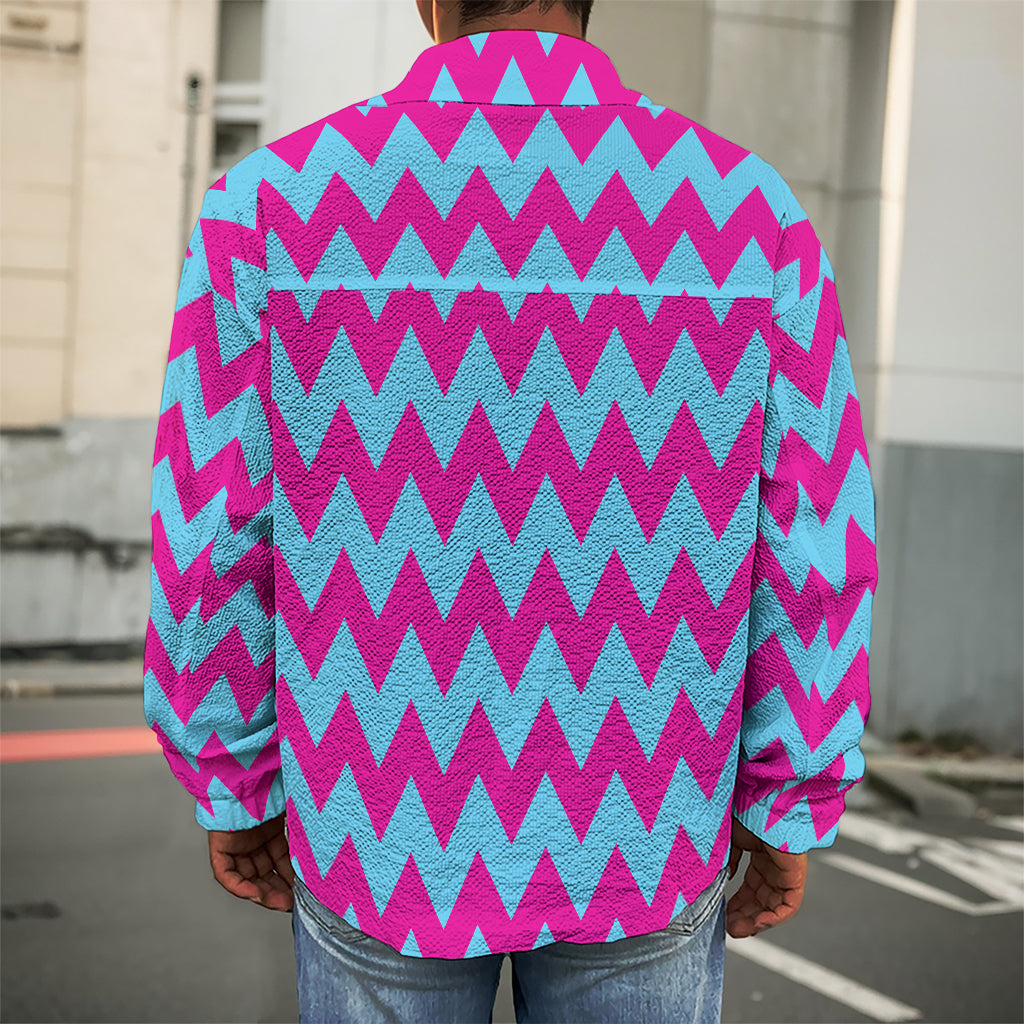 Pink And Blue Chevron Pattern Print Men's Shirt Jacket