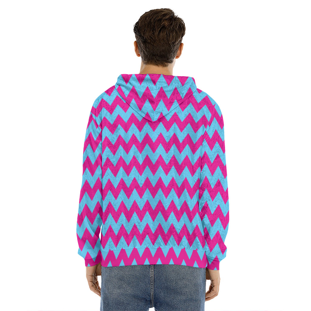 Pink And Blue Chevron Pattern Print Men's Velvet Pullover Hoodie