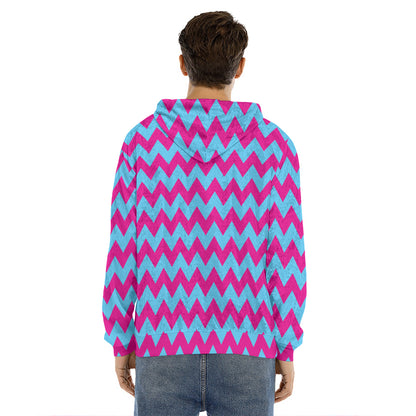 Pink And Blue Chevron Pattern Print Men's Velvet Pullover Hoodie