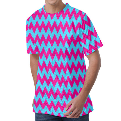 Pink And Blue Chevron Pattern Print Men's Velvet T-Shirt