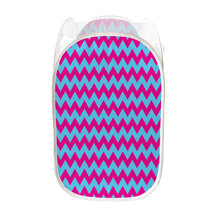Pink And Blue Chevron Pattern Print Mesh Laundry Hamper