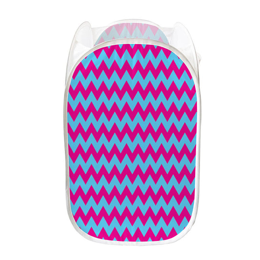 Pink And Blue Chevron Pattern Print Mesh Laundry Hamper