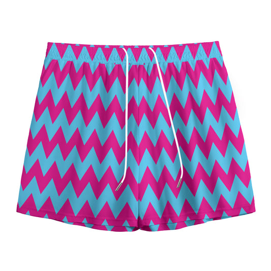 Pink And Blue Chevron Pattern Print Mesh Shorts
