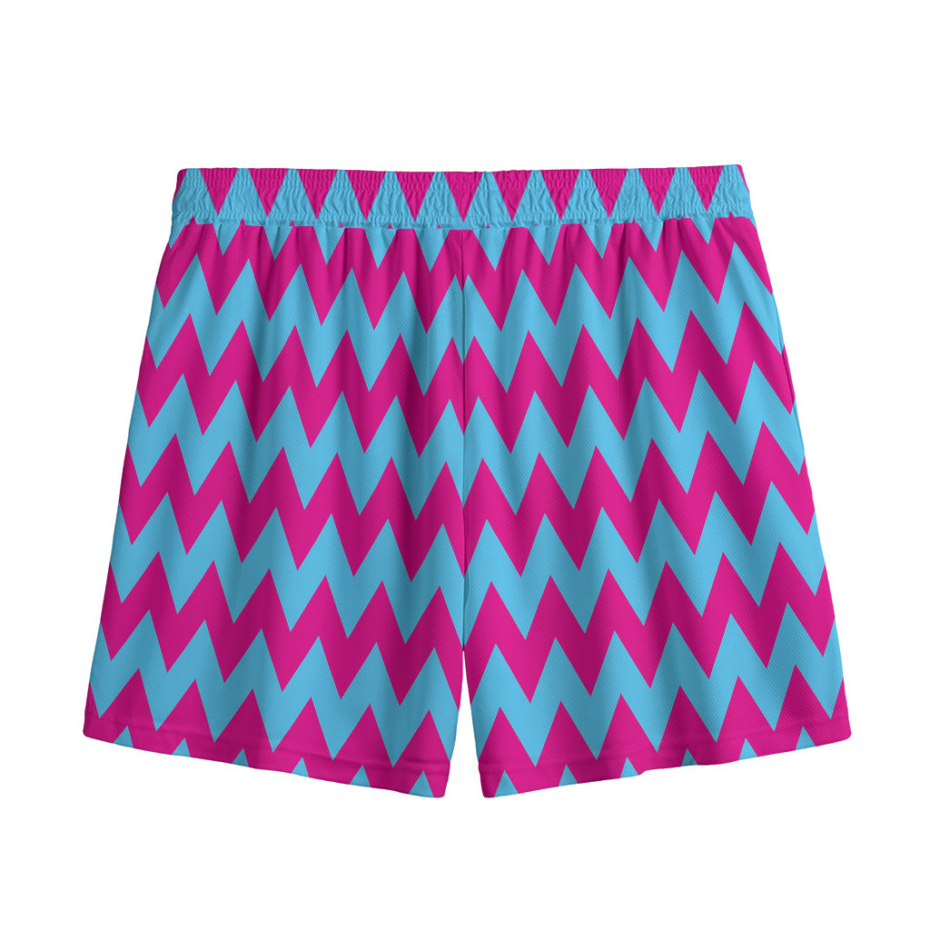 Pink And Blue Chevron Pattern Print Mesh Shorts