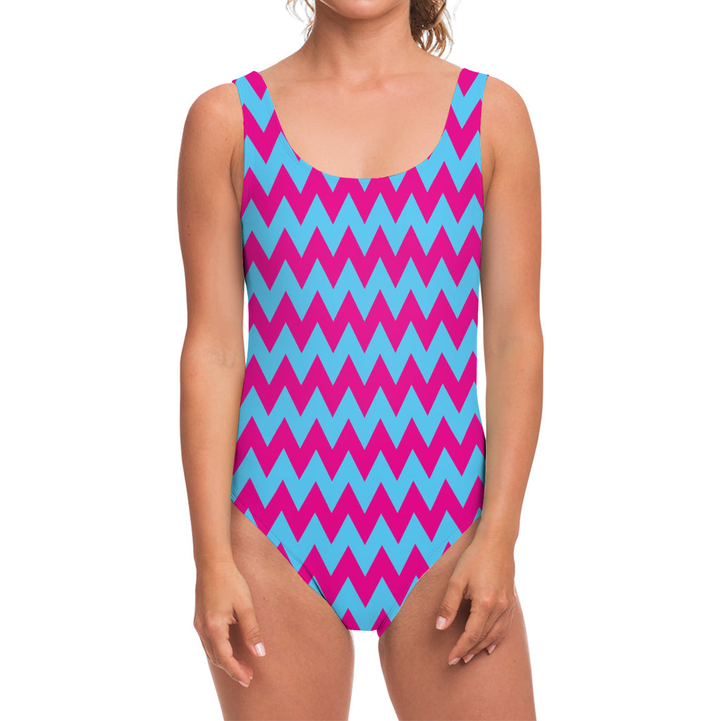 Pink And Blue Chevron Pattern Print One Piece Swimsuit