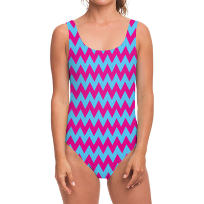 Pink And Blue Chevron Pattern Print One Piece Swimsuit