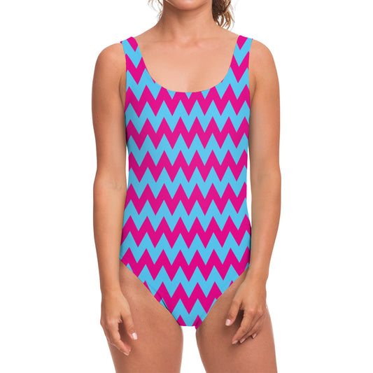 Pink And Blue Chevron Pattern Print One Piece Swimsuit