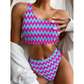 Pink And Blue Chevron Pattern Print One Shoulder Bikini Set