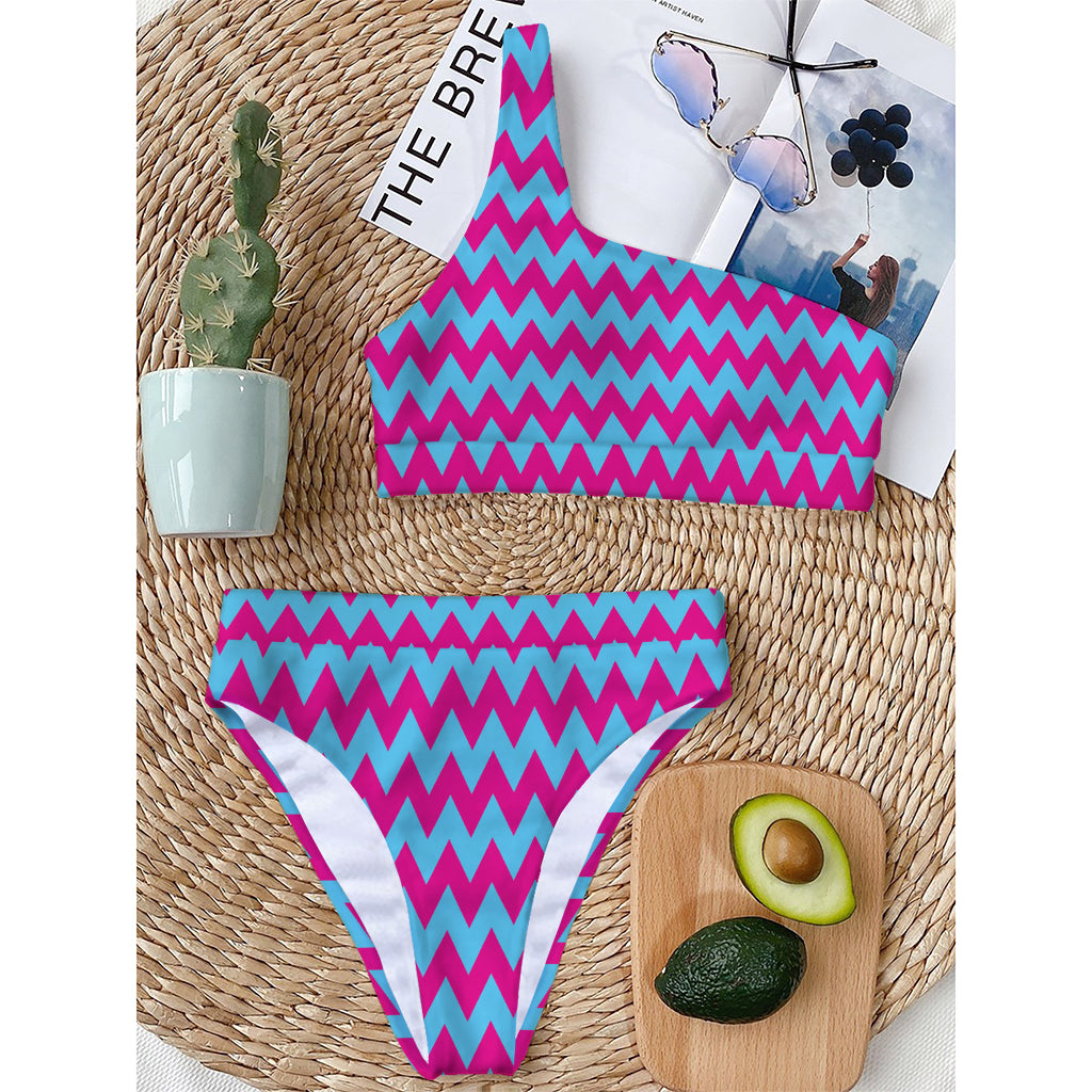 Pink And Blue Chevron Pattern Print One Shoulder Bikini Top