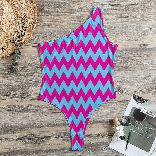 Pink And Blue Chevron Pattern Print One Shoulder Bodysuit