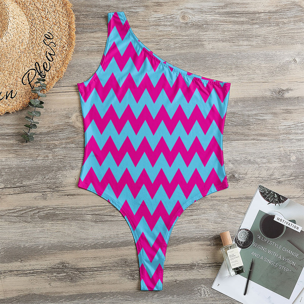 Pink And Blue Chevron Pattern Print One Shoulder Bodysuit