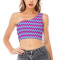 Pink And Blue Chevron Pattern Print One Shoulder Crop Top