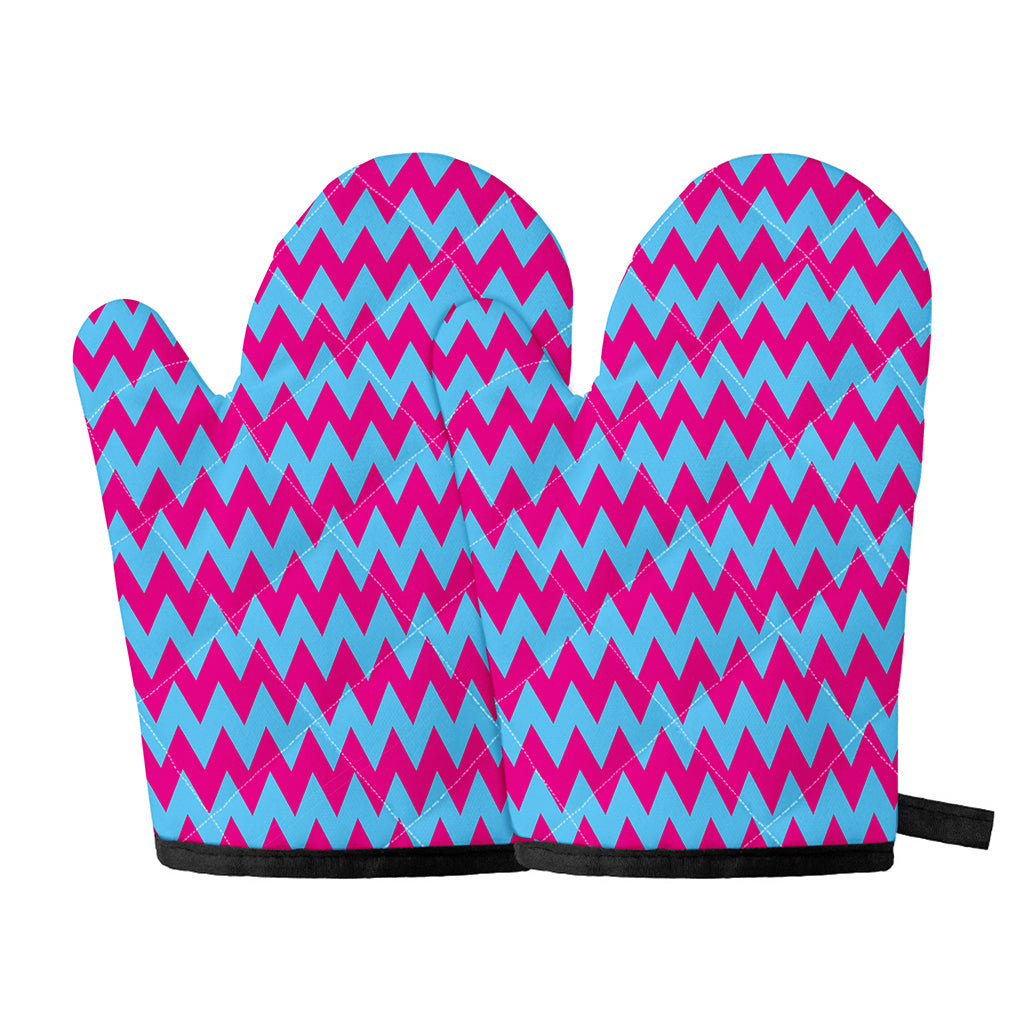 Pink And Blue Chevron Pattern Print Oven Mitts