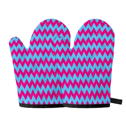 Pink And Blue Chevron Pattern Print Oven Mitts