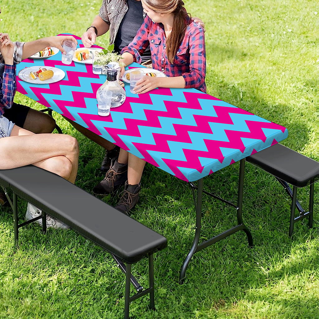 Pink And Blue Chevron Pattern Print Picnic Table Cover