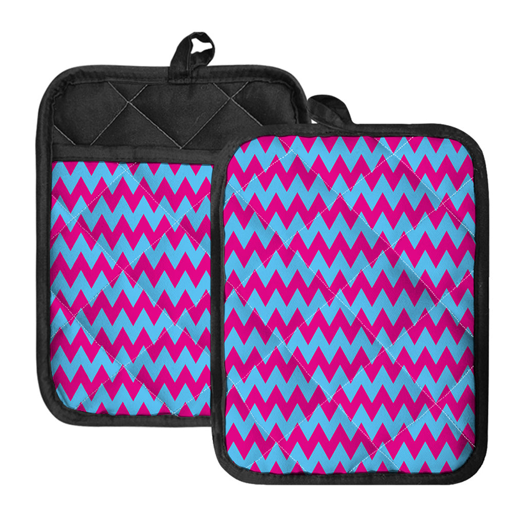 Pink And Blue Chevron Pattern Print Pot Holders With Pocket