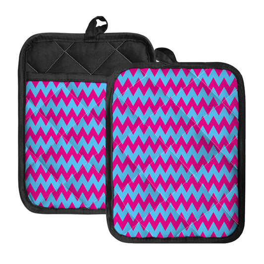Pink And Blue Chevron Pattern Print Pot Holders With Pocket