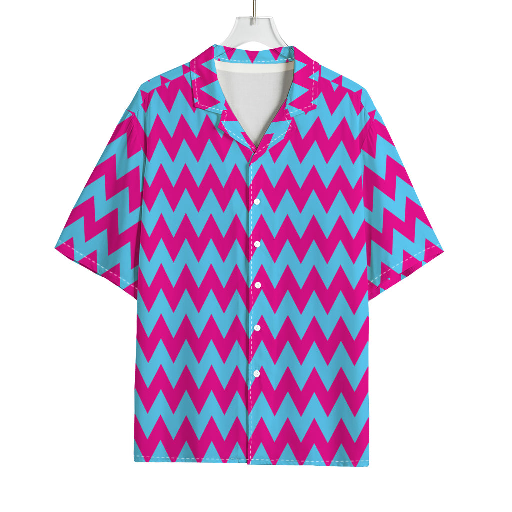 Pink And Blue Chevron Pattern Print Rayon Hawaiian Shirt