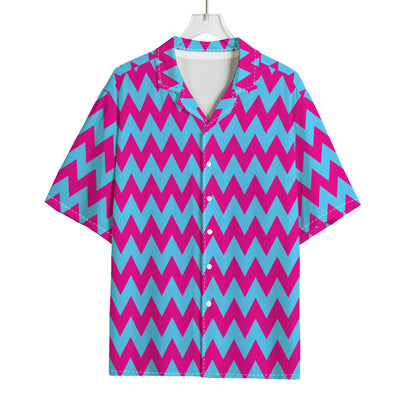 Pink And Blue Chevron Pattern Print Rayon Hawaiian Shirt