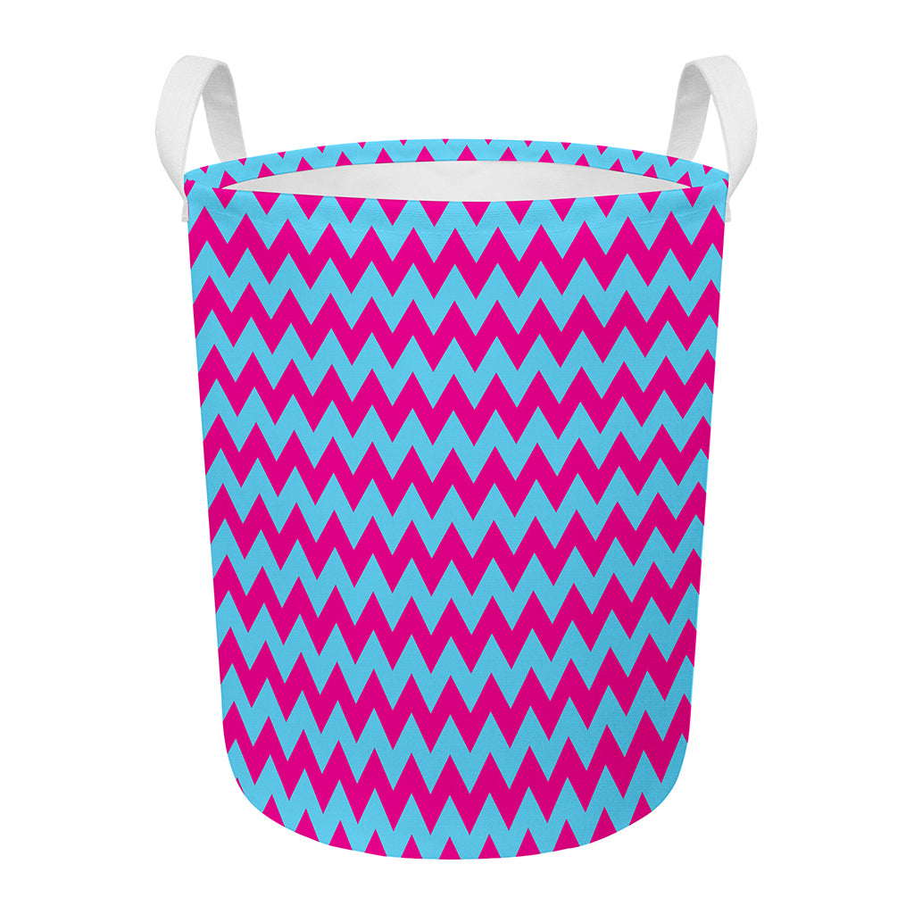 Pink And Blue Chevron Pattern Print Round Laundry Basket