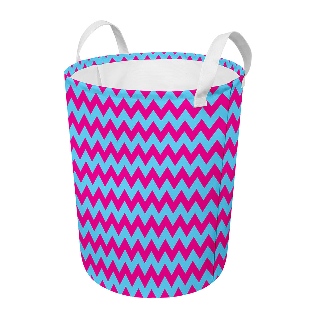 Pink And Blue Chevron Pattern Print Round Laundry Basket