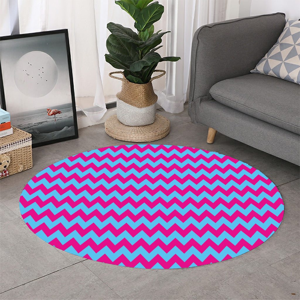Pink And Blue Chevron Pattern Print Round Rug