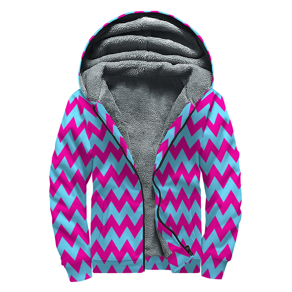 Pink And Blue Chevron Pattern Print Sherpa Lined Zip Up Hoodie