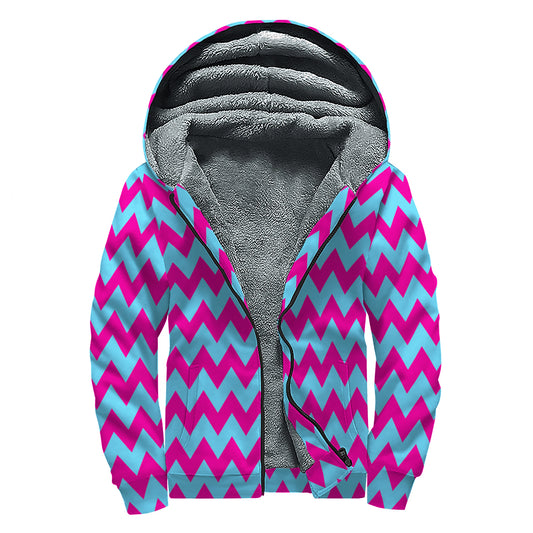 Pink And Blue Chevron Pattern Print Sherpa Lined Zip Up Hoodie