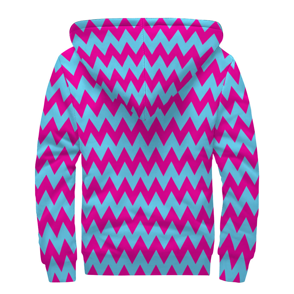 Pink And Blue Chevron Pattern Print Sherpa Lined Zip Up Hoodie
