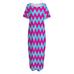 Pink And Blue Chevron Pattern Print Short Sleeve Long Nightdress