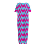 Pink And Blue Chevron Pattern Print Short Sleeve Long Nightdress