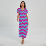 Pink And Blue Chevron Pattern Print Short Sleeve Maxi Dress