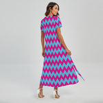 Pink And Blue Chevron Pattern Print Short Sleeve Maxi Dress