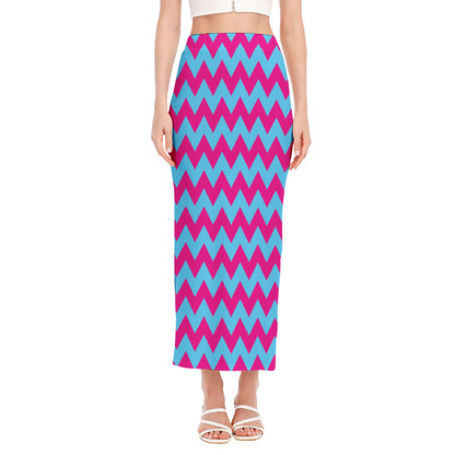 Pink And Blue Chevron Pattern Print Side Slit Maxi Skirt