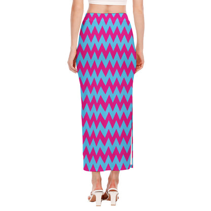 Pink And Blue Chevron Pattern Print Side Slit Maxi Skirt