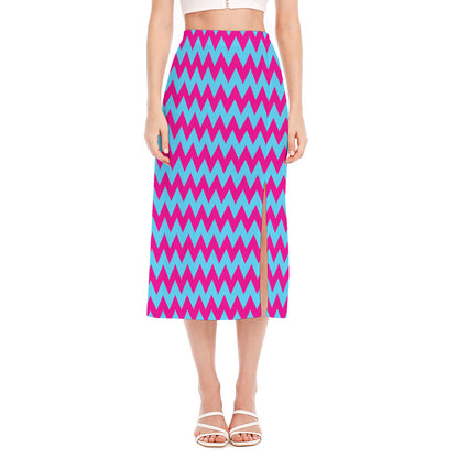 Pink And Blue Chevron Pattern Print Side Slit Midi Skirt