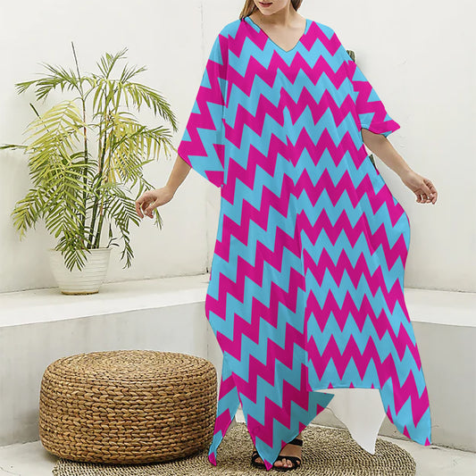 Pink And Blue Chevron Pattern Print Silk V-Neck Kaftan Dress