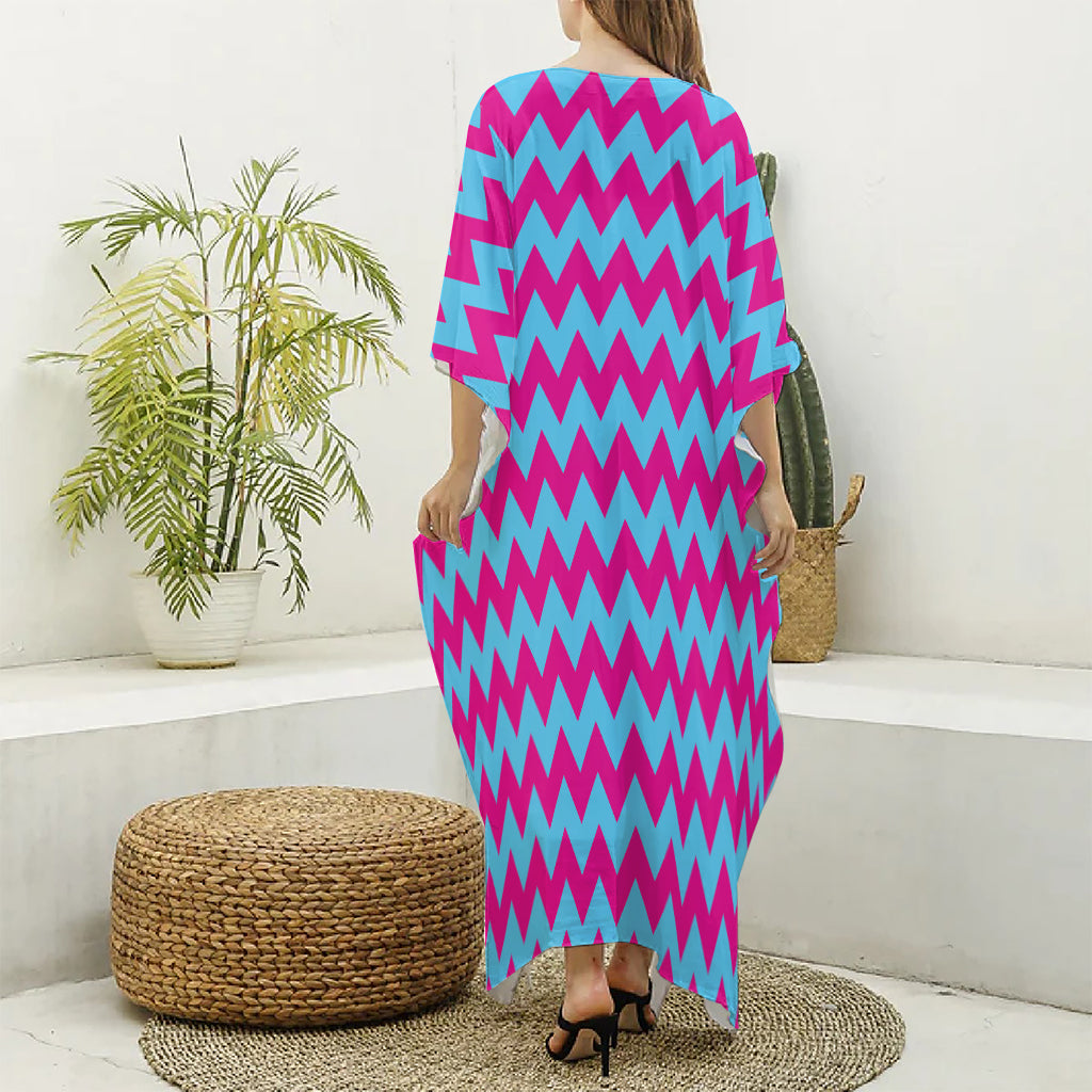 Pink And Blue Chevron Pattern Print Silk V-Neck Kaftan Dress