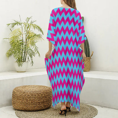 Pink And Blue Chevron Pattern Print Silk V-Neck Kaftan Dress