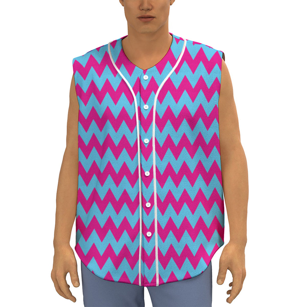 Pink And Blue Chevron Pattern Print Sleeveless Baseball Jersey