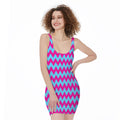 Pink And Blue Chevron Pattern Print Sleeveless Bodycon Dress